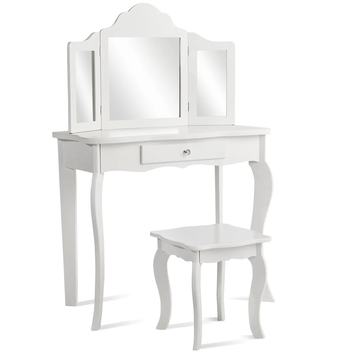 NNECW Kids Dressing Table Set with Stool &amp Mirror for Children Ages 3-7-White