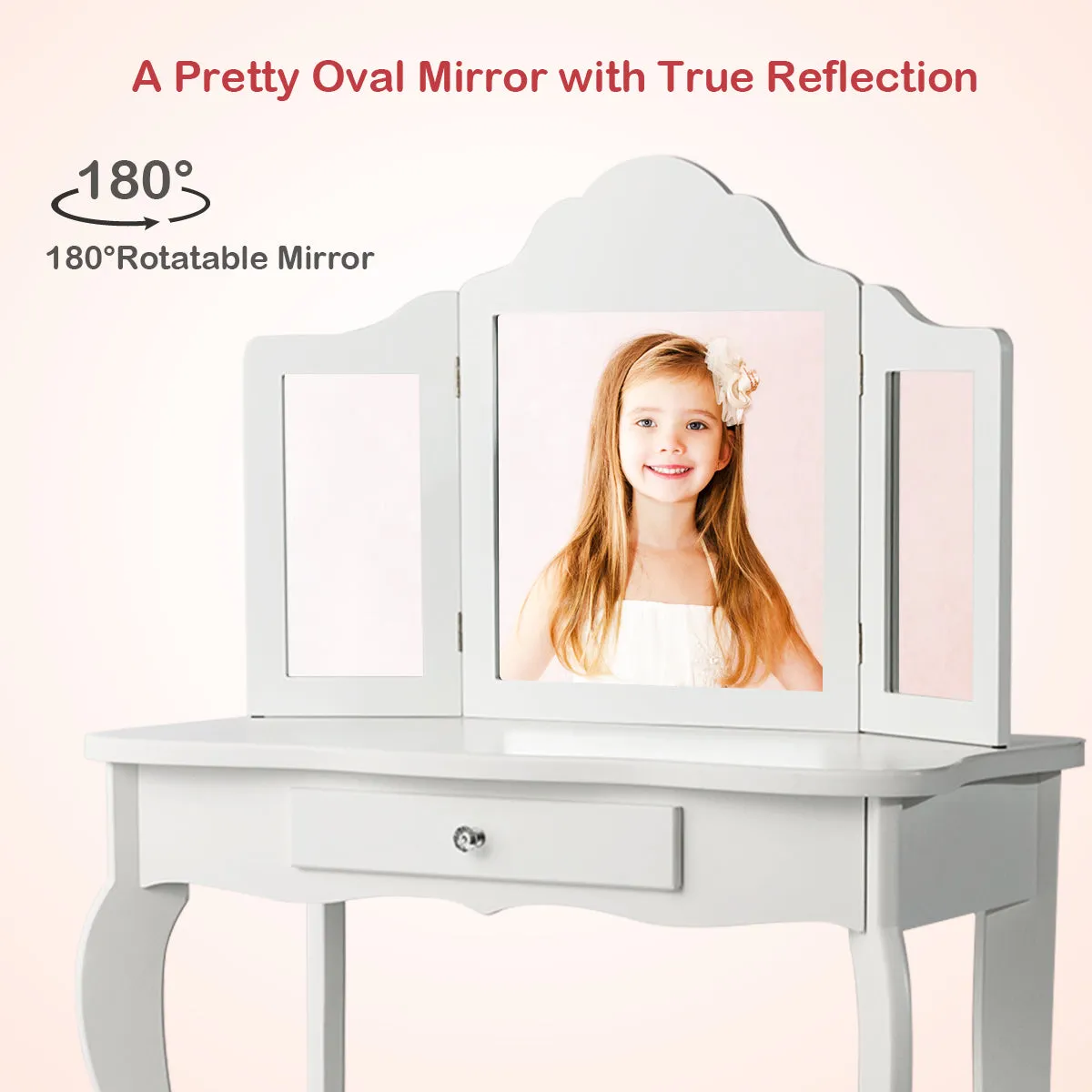 NNECW Kids Dressing Table Set with Stool &amp Mirror for Children Ages 3-7-White