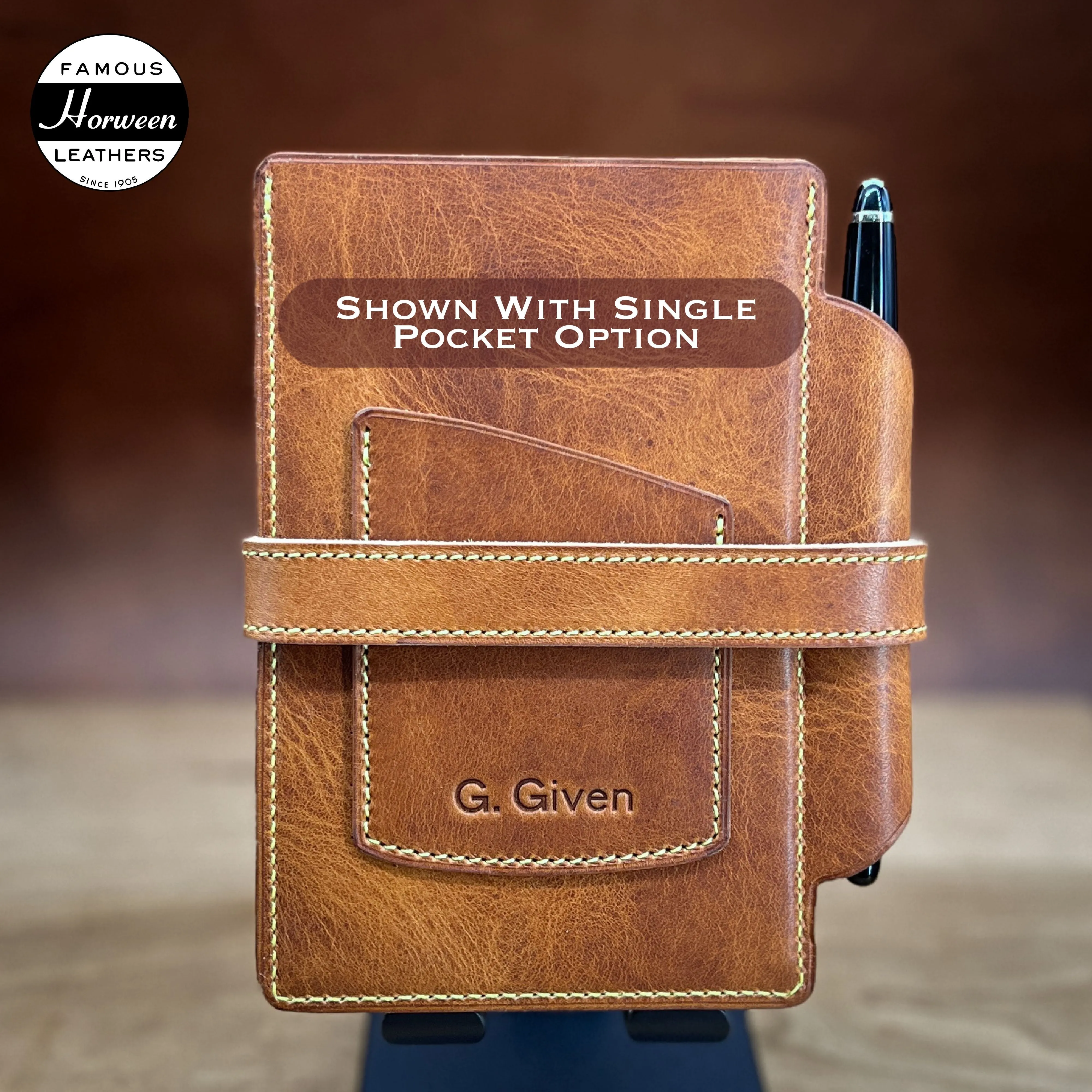 Personalized Horween Leather Flip Notebook Memo Pad Cover with Pen Holder | Made to Order