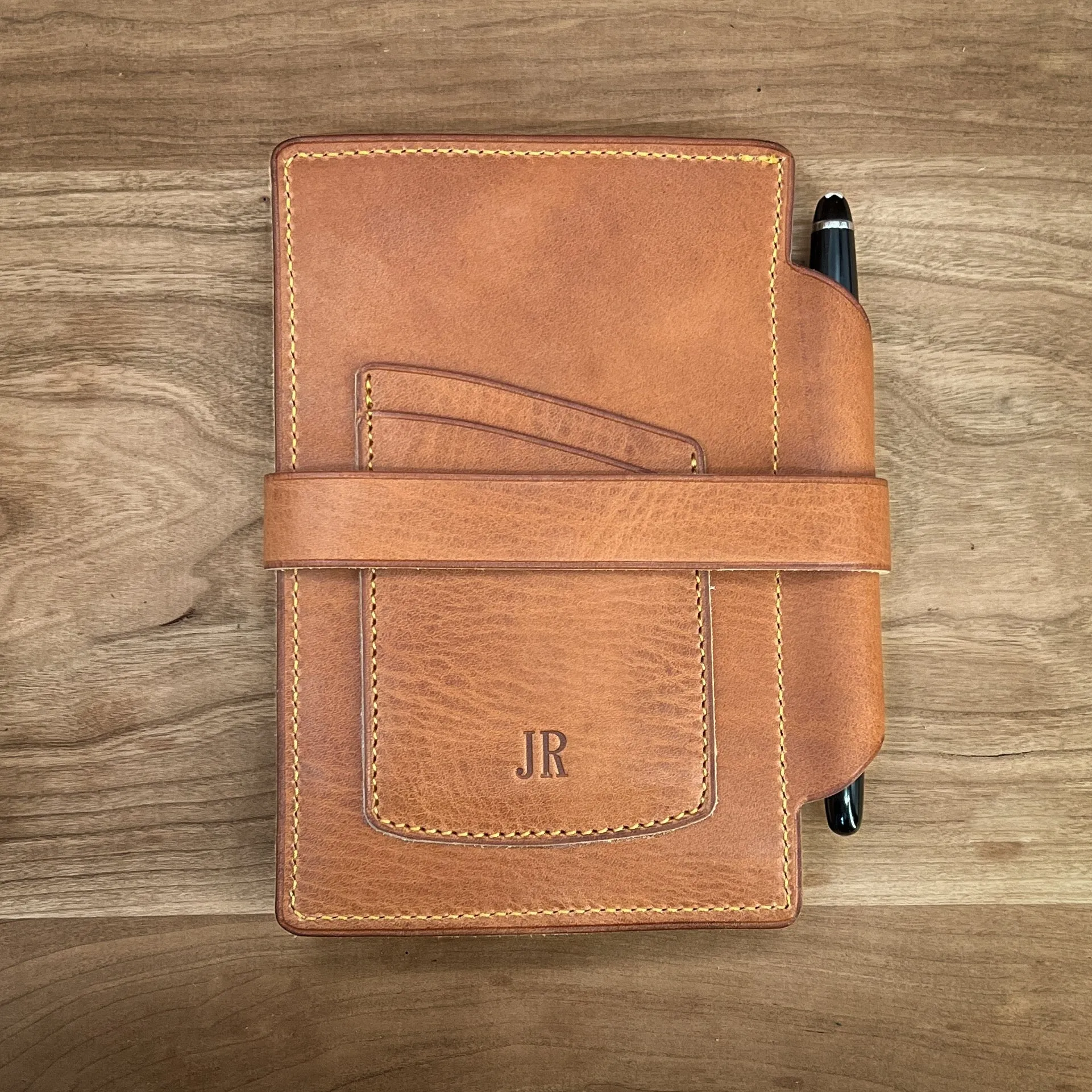 Personalized Horween Leather Flip Notebook Memo Pad Cover with Pen Holder | Made to Order