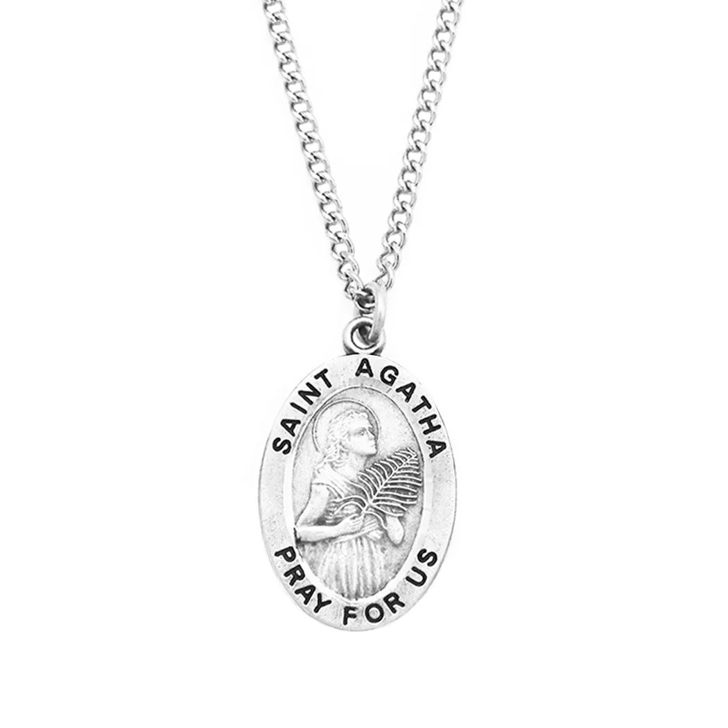 Pewter Saint Medal Pendant On Stainless Steel Necklace with Biography and Picture Folder, 18" (St Agatha Patron Saint of Nurses)