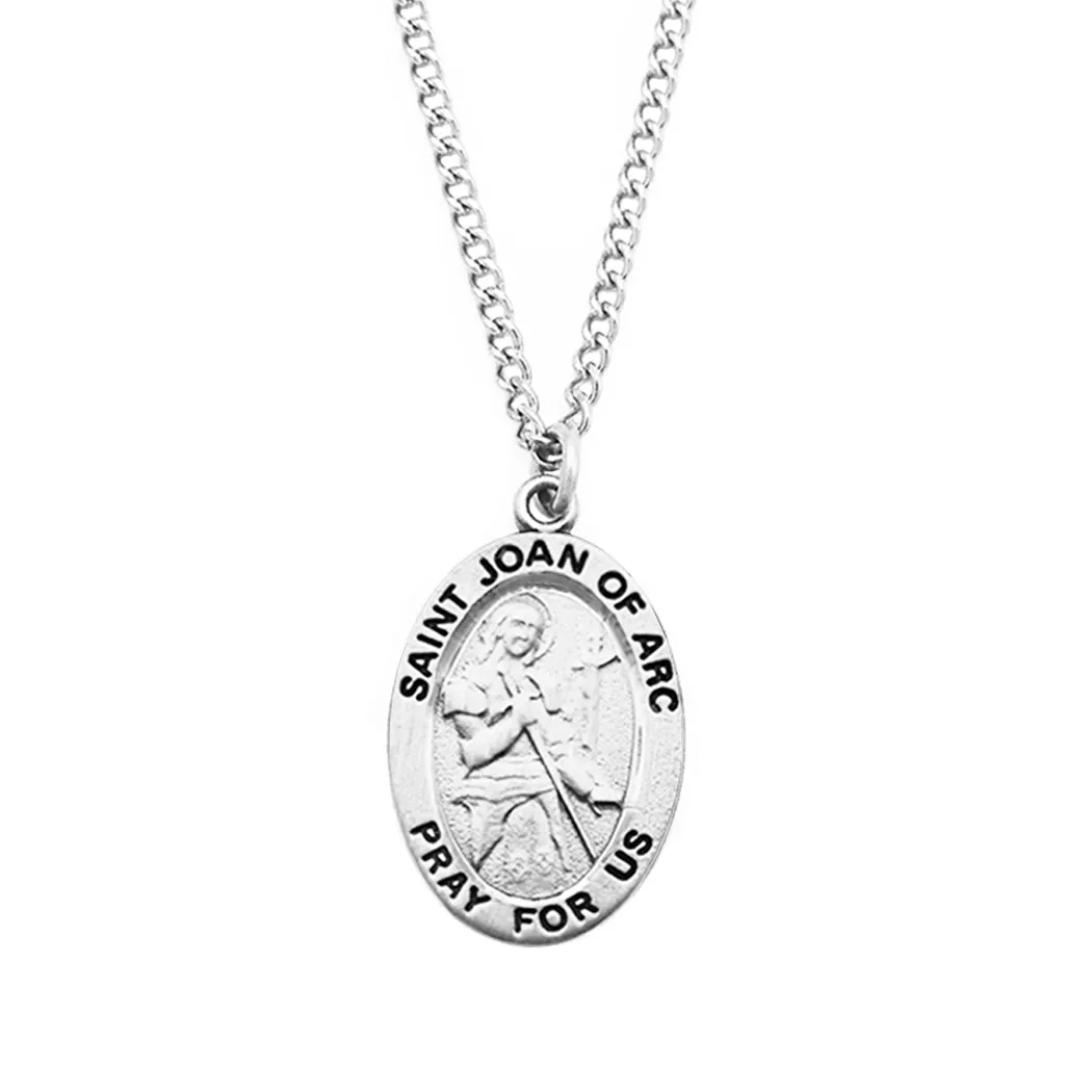 Pewter Saint Medal Pendant On Stainless Steel Necklace with Biography and Picture Folder, 18" (St Joan of Arc)