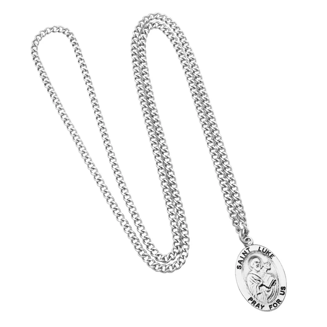 Pewter Saint Medal Pendant On Stainless Steel Necklace with Biography and Picture Folder 24" (St Luke)