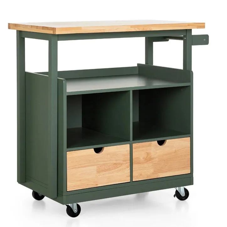 PHI VILLA Rubber Wood Tabletop Kitchen Island Cart with Drawers and Towel Rack, Green
