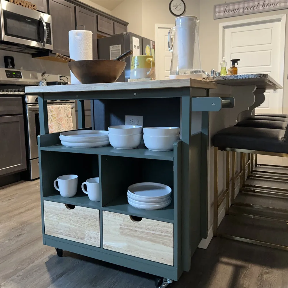 PHI VILLA Rubber Wood Tabletop Kitchen Island Cart with Drawers and Towel Rack, Green