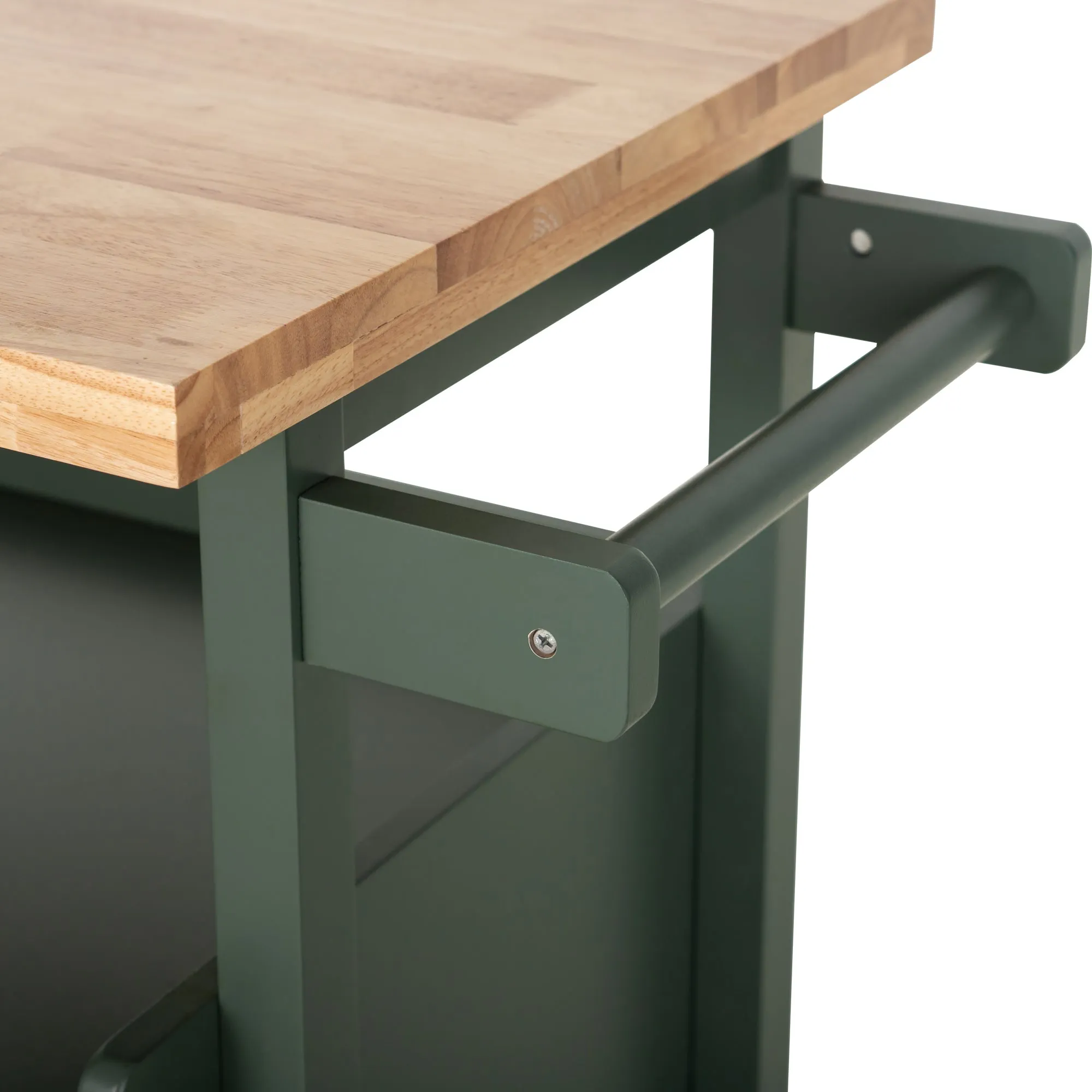 PHI VILLA Rubber Wood Tabletop Kitchen Island Cart with Drawers and Towel Rack, Green