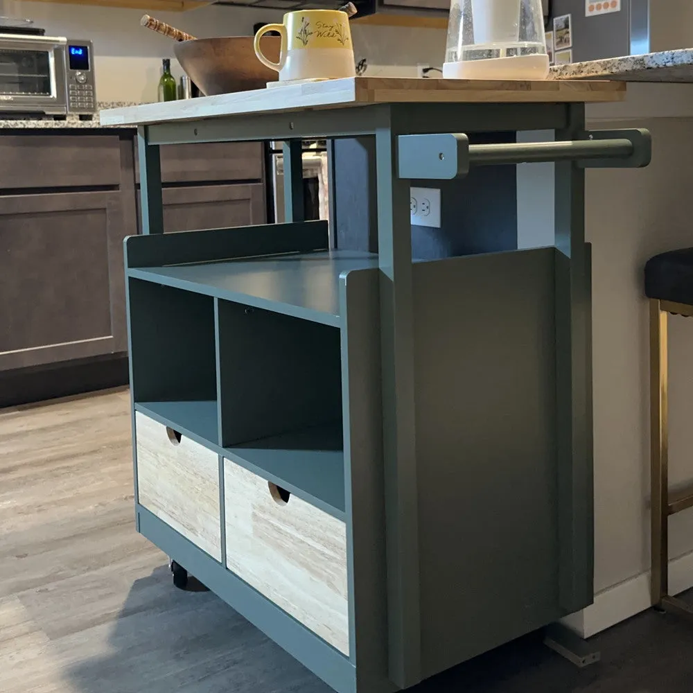 PHI VILLA Rubber Wood Tabletop Kitchen Island Cart with Drawers and Towel Rack, Green