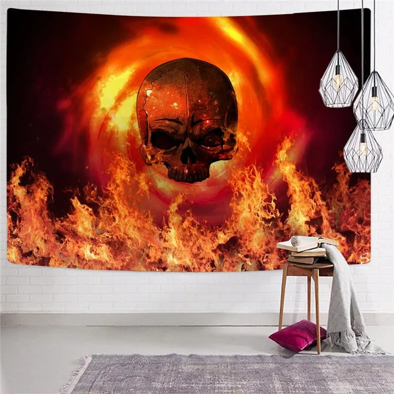 Skull Tapestry Punk Wall Tapestry Flame Tapestries Red Rug Wall Decor Mandala