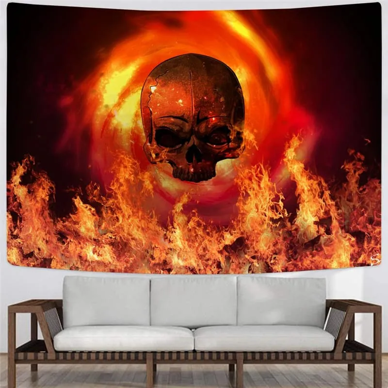 Skull Tapestry Punk Wall Tapestry Flame Tapestries Red Rug Wall Decor Mandala