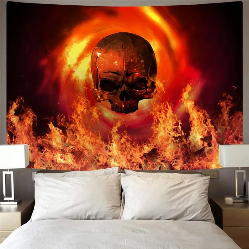 Skull Tapestry Punk Wall Tapestry Flame Tapestries Red Rug Wall Decor Mandala