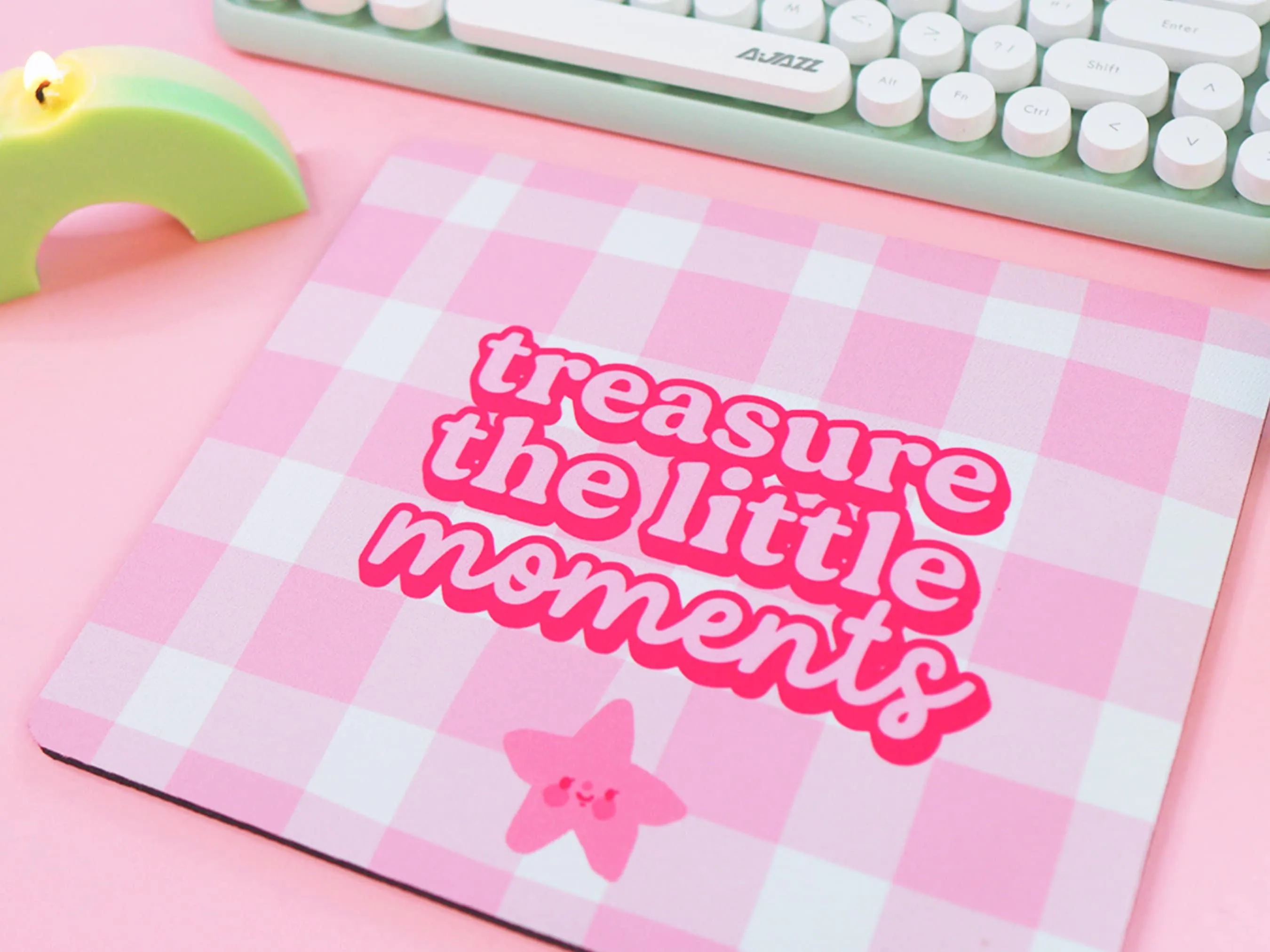 Treasure the Little Moments Mouse Pad | Positive Pink Gingham Desk Decor | Kawaii Office Accessory