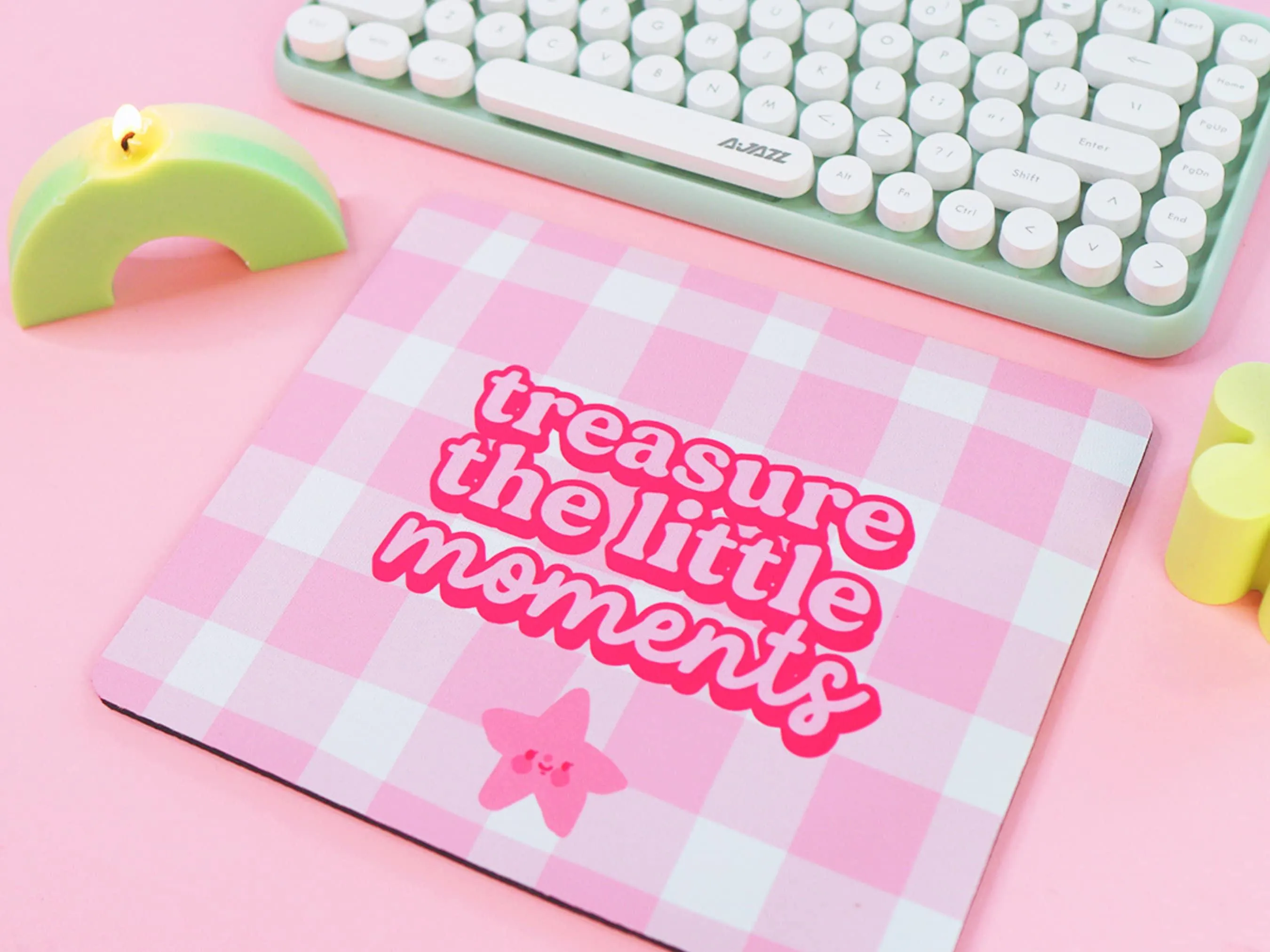 Treasure the Little Moments Mouse Pad | Positive Pink Gingham Desk Decor | Kawaii Office Accessory