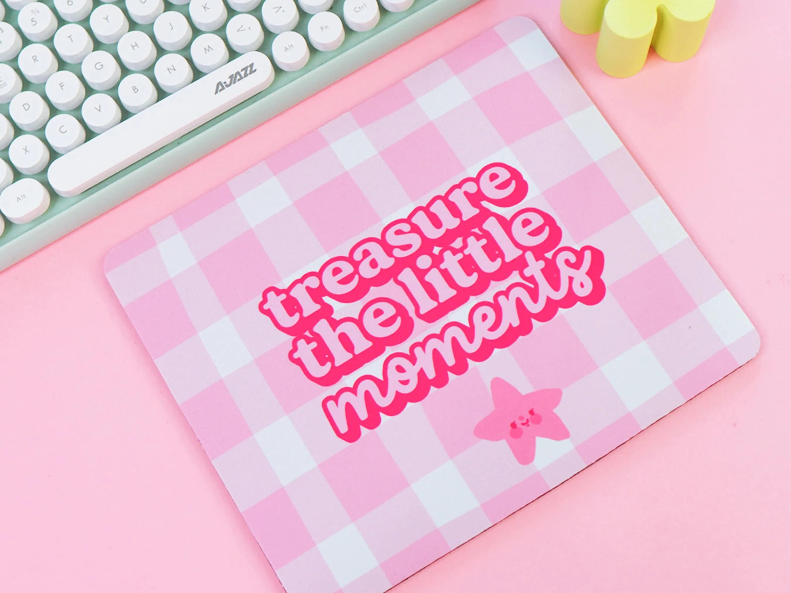 Treasure the Little Moments Mouse Pad | Positive Pink Gingham Desk Decor | Kawaii Office Accessory