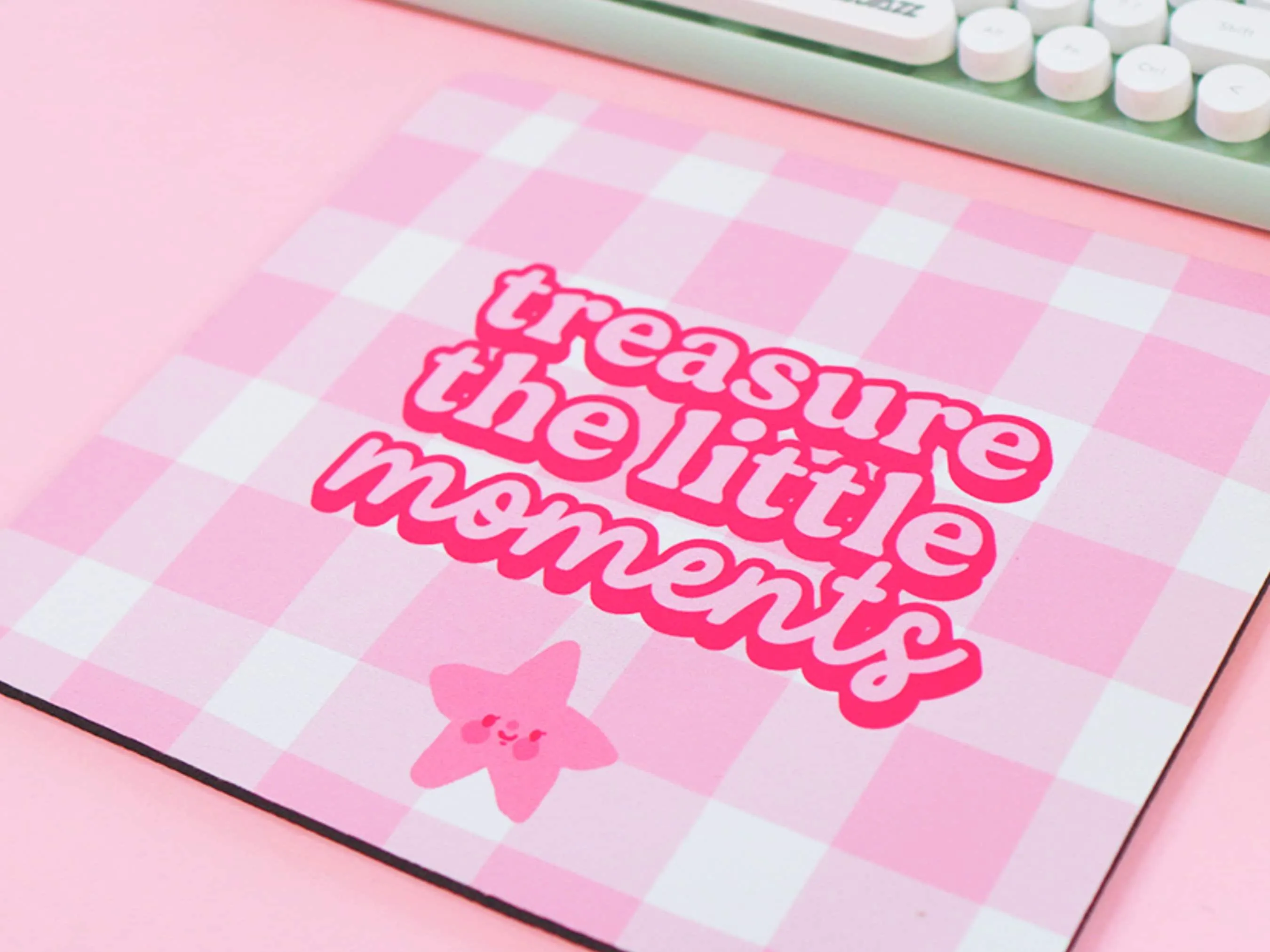 Treasure the Little Moments Mouse Pad | Positive Pink Gingham Desk Decor | Kawaii Office Accessory