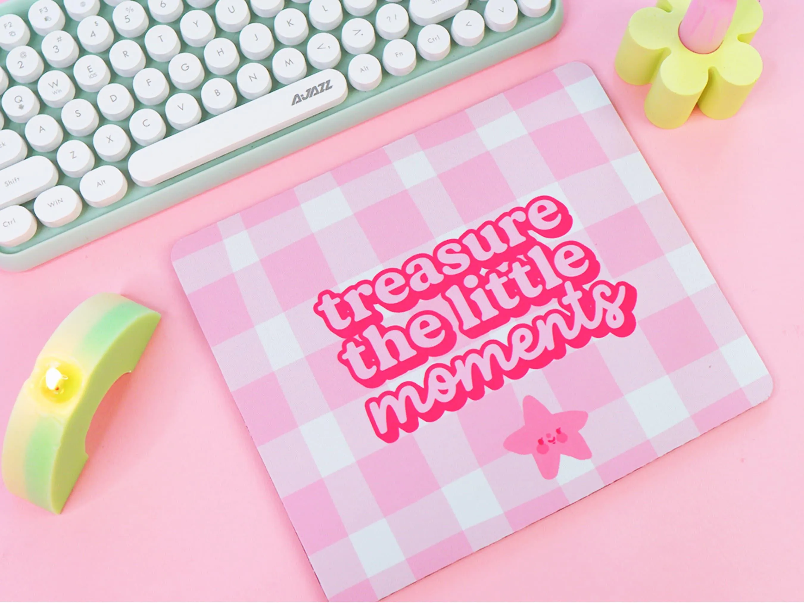 Treasure the Little Moments Mouse Pad | Positive Pink Gingham Desk Decor | Kawaii Office Accessory