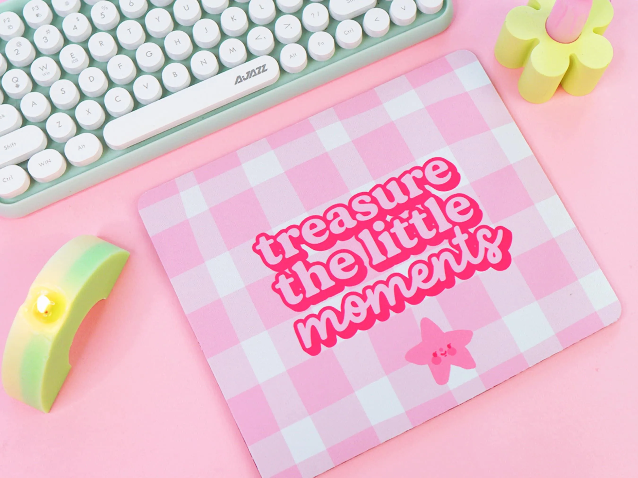 Treasure the Little Moments Mouse Pad | Positive Pink Gingham Desk Decor | Kawaii Office Accessory