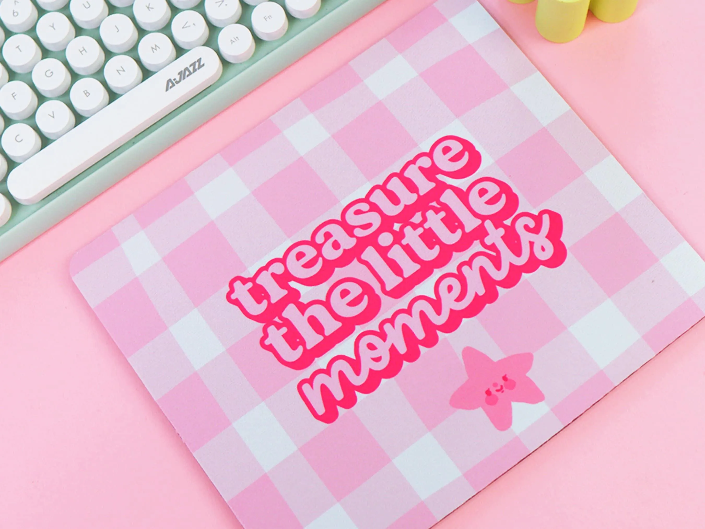 Treasure the Little Moments Mouse Pad | Positive Pink Gingham Desk Decor | Kawaii Office Accessory