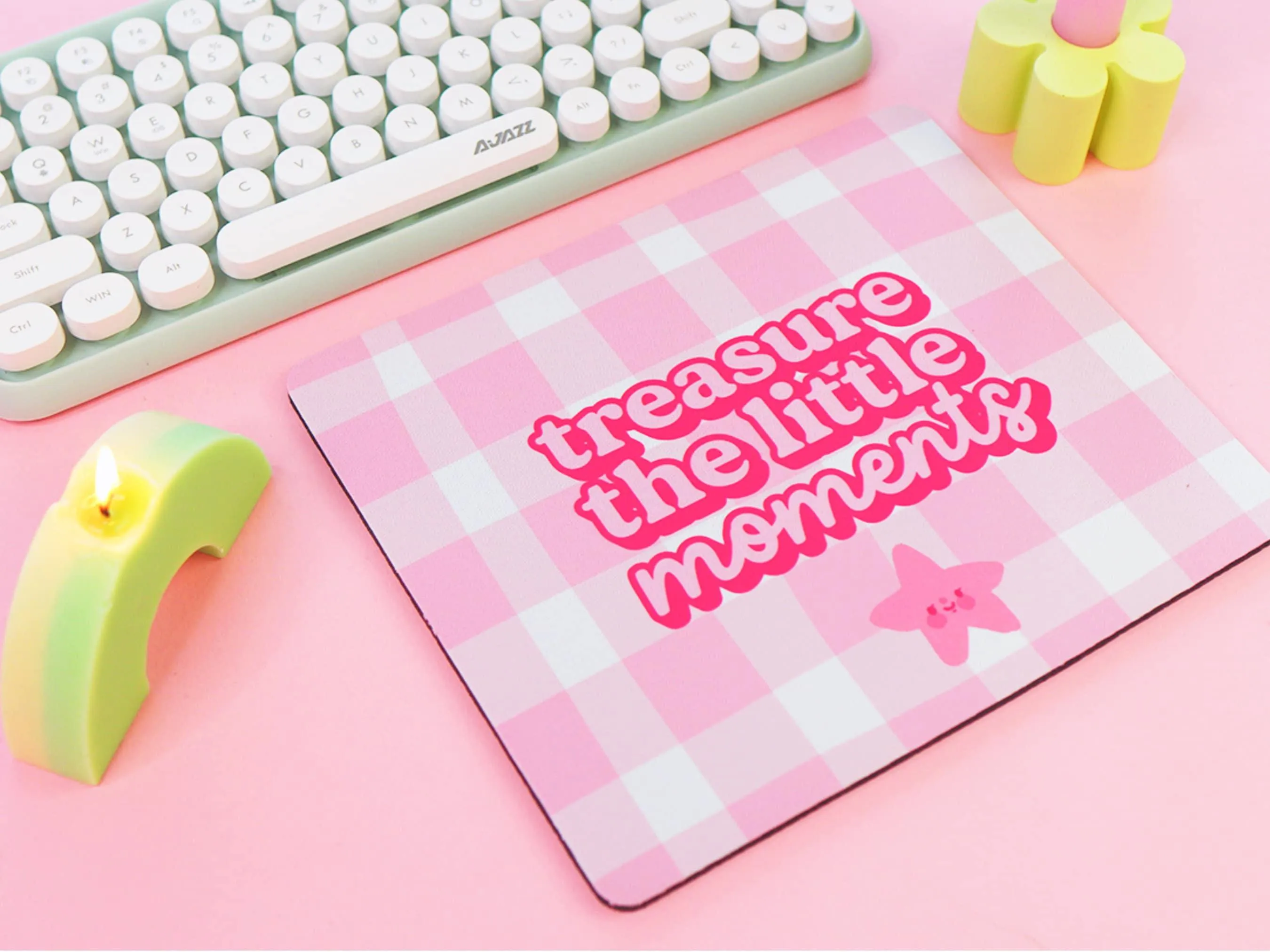 Treasure the Little Moments Mouse Pad | Positive Pink Gingham Desk Decor | Kawaii Office Accessory