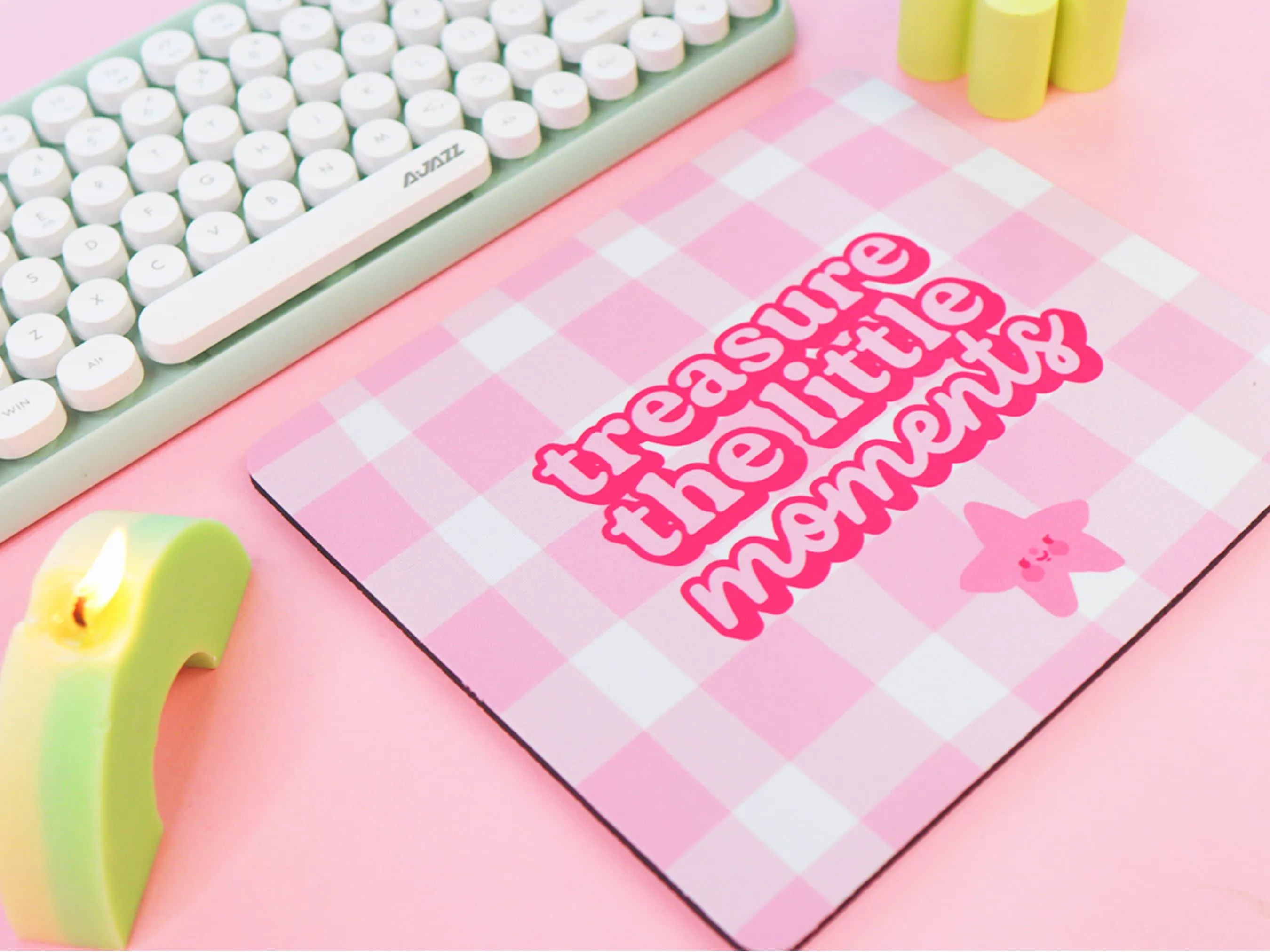Treasure the Little Moments Mouse Pad | Positive Pink Gingham Desk Decor | Kawaii Office Accessory